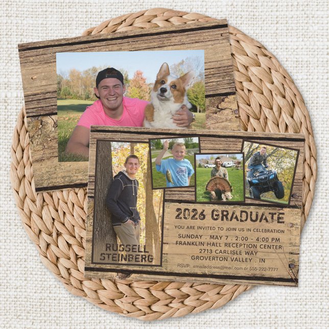 Graduation Rustic Country Wood 5 Photo Collage Invitation (Creator Uploaded)
