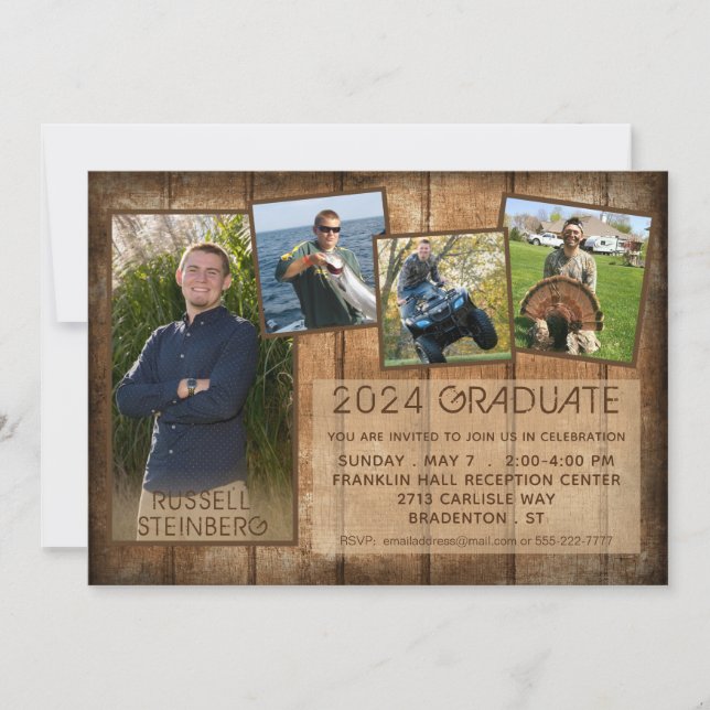 Graduation Rustic Country Wood 5 Photo Invitation (Front)
