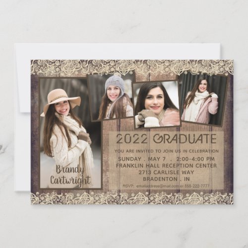 Graduation Rustic Country Wood Lace 5 Photo Invitation