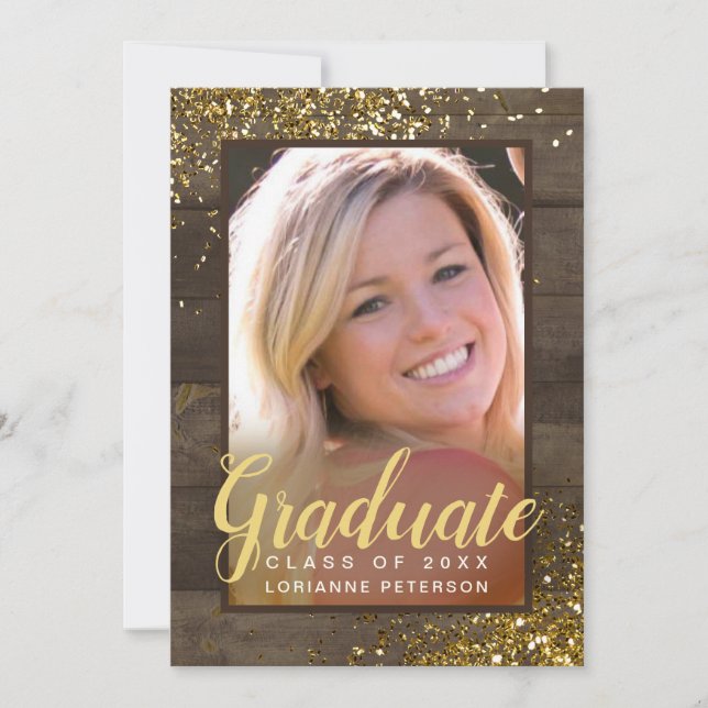 Graduation Rustic Glam Faux Gold Glitter Photo Announcement (Front)
