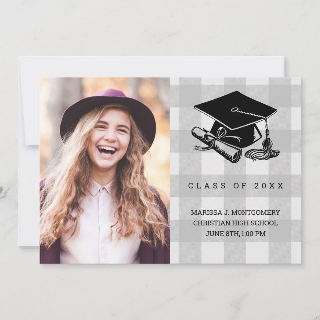 Graduation Rustic Gray Plaid Photo Grad Cap 2025 Announcement (Front)