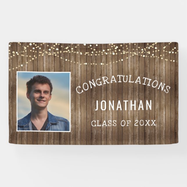 Graduation Rustic Wood String Lights Personalized Banner (Horizontal)