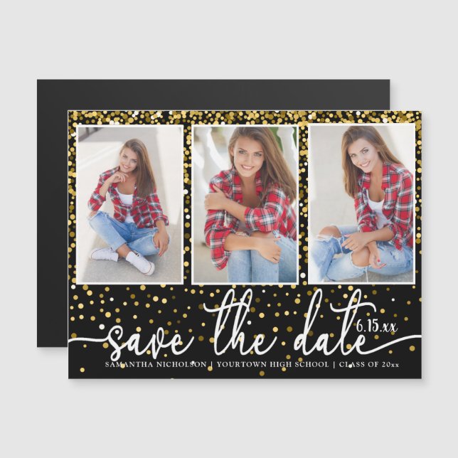 Graduation Save Date 3 Photo Gold Glitter Black  Magnetic Invitation (Front/Back)