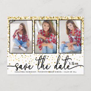 Graduation Save Date 4 Photo Gold Glitter White Invitation Postcard