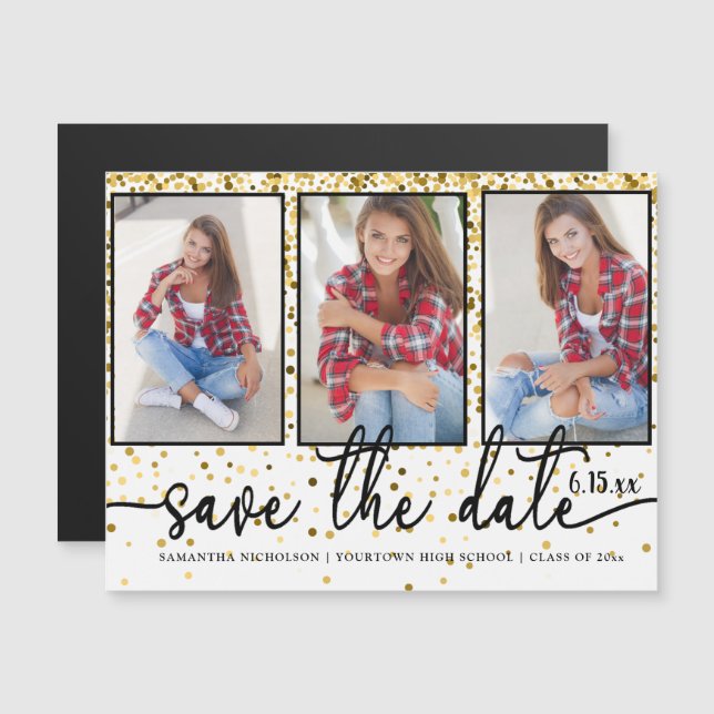 Graduation Save Date 4 Photo Gold Glitter White Magnetic Invitation (Front/Back)
