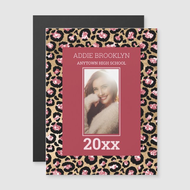 Graduation Save Date Photo Pink Black Cheetah Magnetic Invitation (Front/Back)