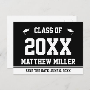 Graduation Save the Date Black and White Grad Name Announcement Postcard