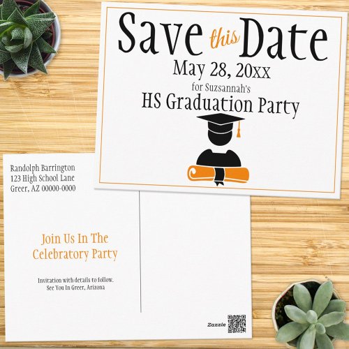 Graduation Save The Date Black Orange Custom Postcard