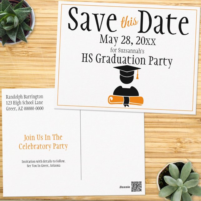 Graduation Save The Date Black Orange Custom Postcard (Creator Uploaded)