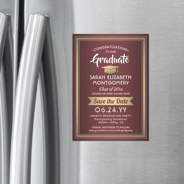 Graduation Save the Date Burgundy Red Gold White Magnetic Invitation (Creator Uploaded)