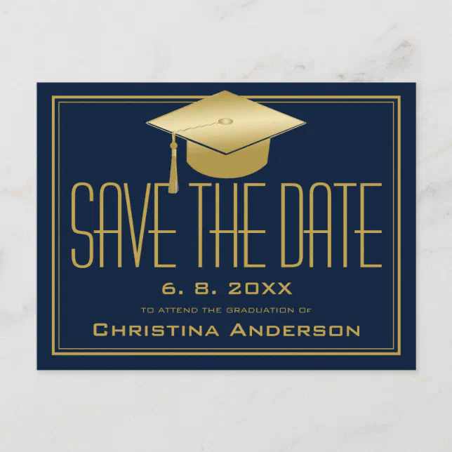 Graduation Save the Date Chic Blue Gold Grad Cap Announcement Postcard ...