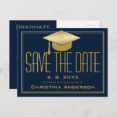 Graduation Save the Date Chic Blue Gold Grad Cap Announcement Postcard (Front/Back)