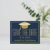 Graduation Save the Date Chic Blue Gold Grad Cap Announcement Postcard (Standing Front)