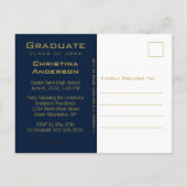 Graduation Save the Date Chic Blue Gold Grad Cap Announcement Postcard (Back)