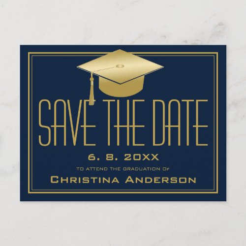 Graduation Save the Date Chic Blue Gold Grad Cap Announcement Postcard