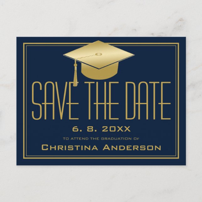 Graduation Save the Date Chic Blue Gold Grad Cap Announcement Postcard (Front)