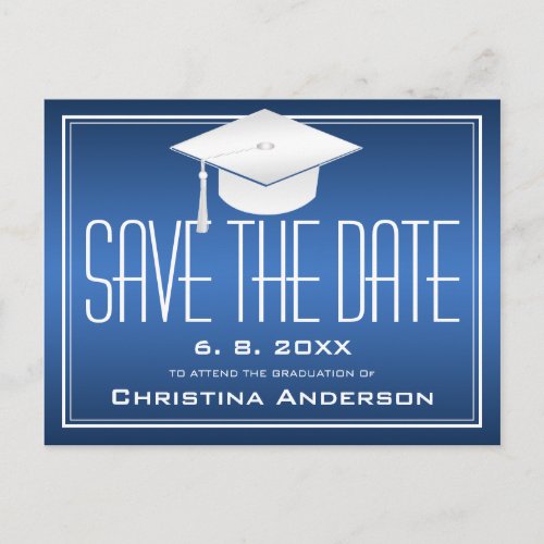 Graduation Save the Date Chic Blue White Grad Cap Announcement Postcard