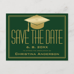 Graduation Save the Date Chic Green Gold Grad Cap Announcement Postcard