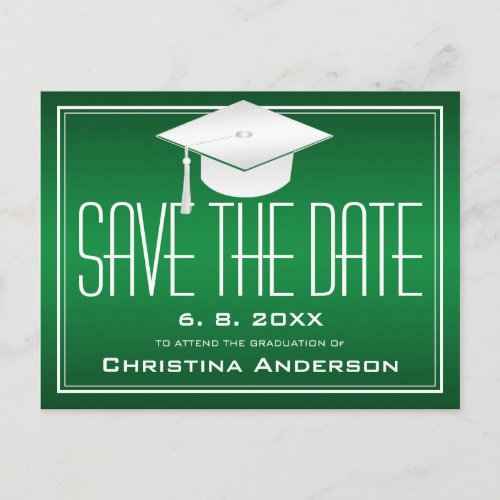 Graduation Save the Date Chic Green White Grad Cap Announcement Postcard