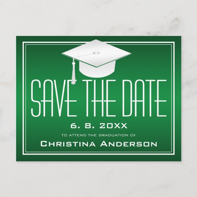 Graduation Save the Date Chic Green White Grad Cap Announcement Postcard (Front)