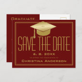 Graduation Save the Date Chic Maroon Gold Grad Cap Announcement Postcard (Front/Back)