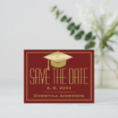 Graduation Save the Date Chic Maroon Gold Grad Cap Announcement Postcard (Standing Front)