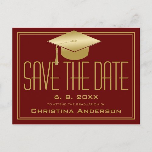 Graduation Save the Date Chic Maroon Gold Grad Cap Announcement Postcard