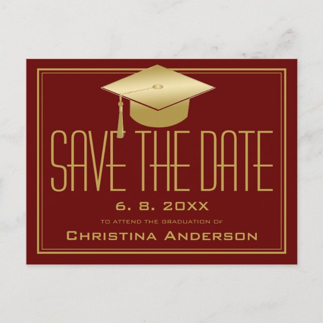 Graduation Save the Date Chic Maroon Gold Grad Cap Announcement Postcard (Front)