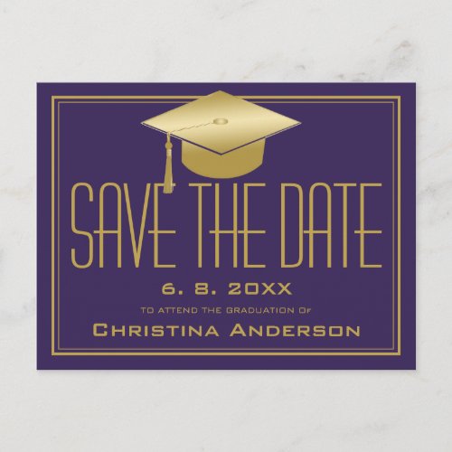 Graduation Save the Date Chic Purple Gold Grad Cap Announcement Postcard