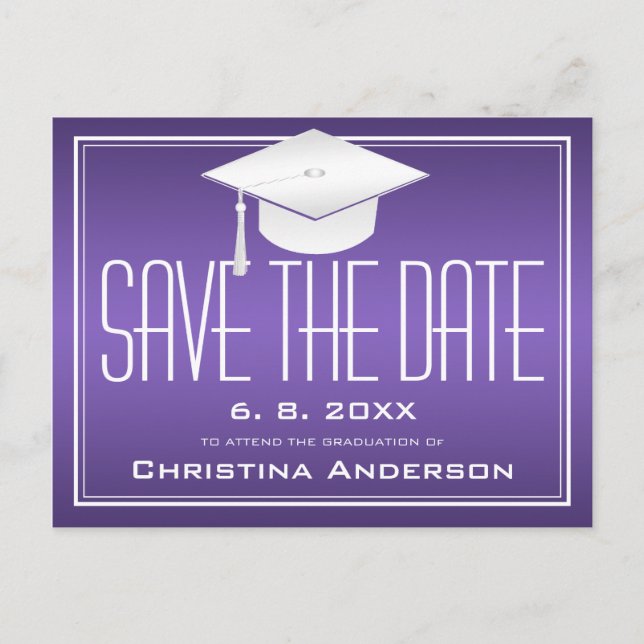 Graduation Save the Date Chic Purple Grad Cap Announcement Postcard (Front)