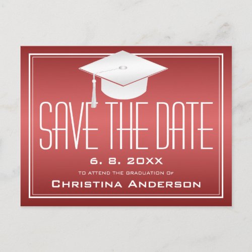 Graduation Save the Date Chic Red White Grad Cap Announcement Postcard