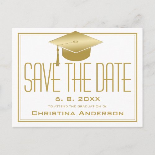 Graduation Save the Date Chic White Gold Grad Cap Announcement Postcard