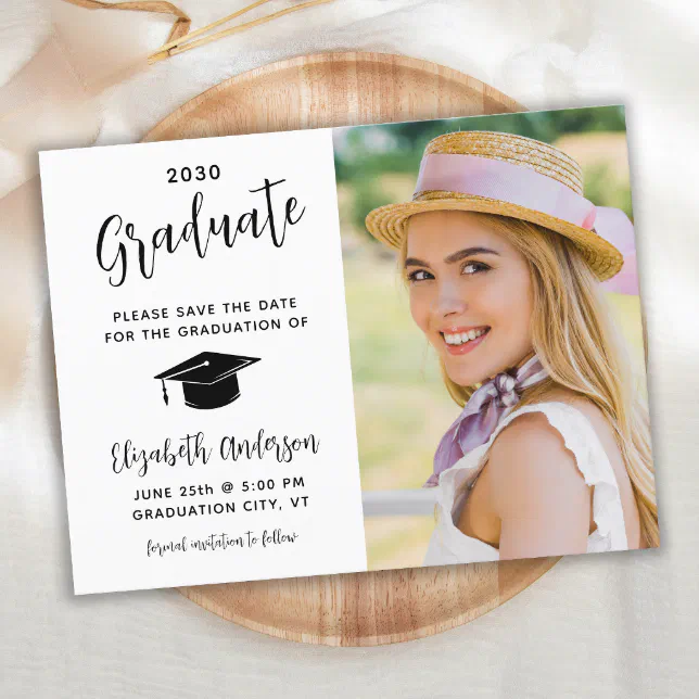 Graduation Save The Date Elegant Script Photo Invitation Postcard | Zazzle