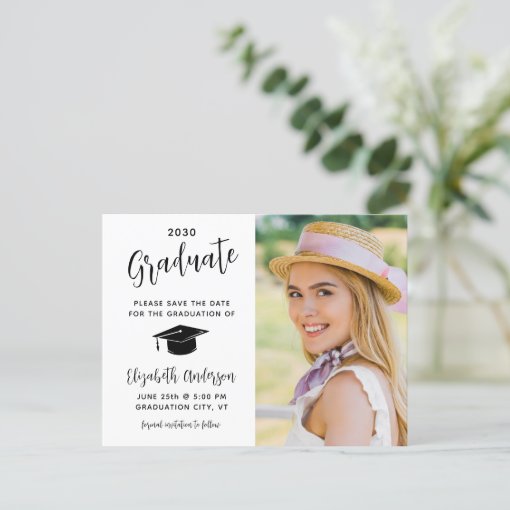 Graduation Save The Date Elegant Script Photo Invitation Postcard | Zazzle