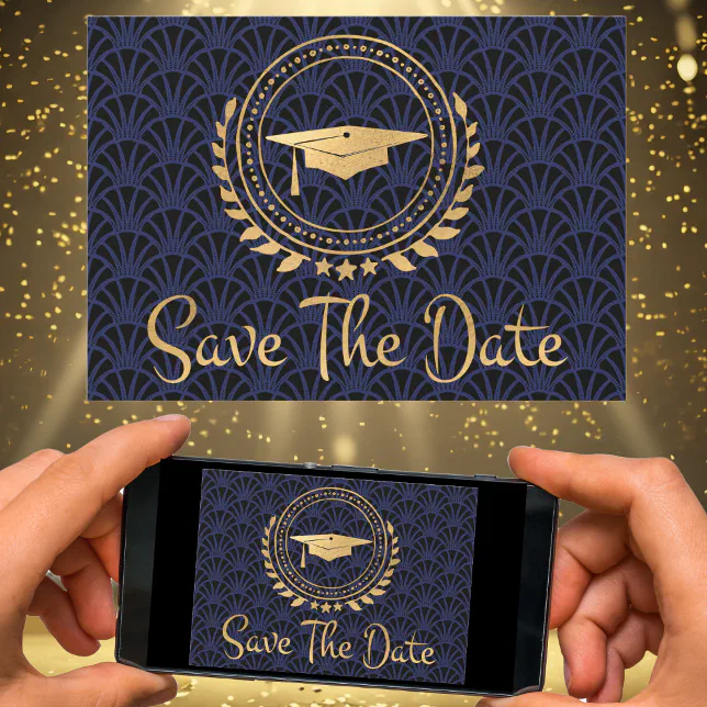 Graduation Save The Date Gold Cap Art Deco Blue | Zazzle