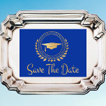 Graduation Save The Date Gold Emblem Grad Cap<br><div class="desc">I enjoy designing art work for graduations. This is modern simple and elegant classic gold and blue colored Save the Date announcement card. Modern style text. Add your own message on the back of the cards giving details to your family and friends to save the date for a graduation ceremony,...</div>