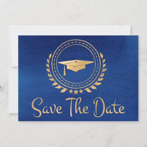 Graduation Save The Date Gold Grad Cap Blue