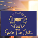 Graduation Save The Date Gold Grad Cap Blue<br><div class="desc">I enjoy designing art work for graduations. This is modern simple and elegant classic gold and blue colored Save the Date announcement card. Modern style text. Add your own message on the back of the cards giving details to your family and friends to save the date for a graduation ceremony,...</div>