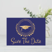 Graduation Save The Date Gold Grad Cap Blue (Standing Front)
