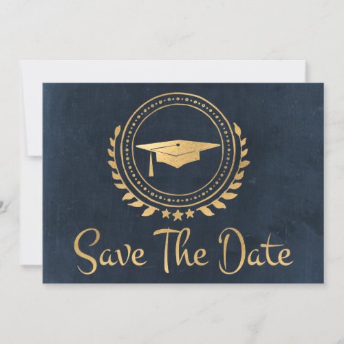 Graduation Save The Date Gold Grad Cap Blue Chalk