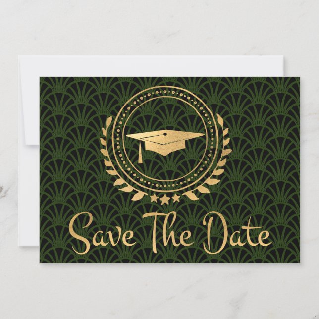 Graduation Save The Date Gold Grad Cap Deco Green (Front)