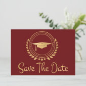 Graduation Save The Date Gold Grad Cap Red (Standing Front)