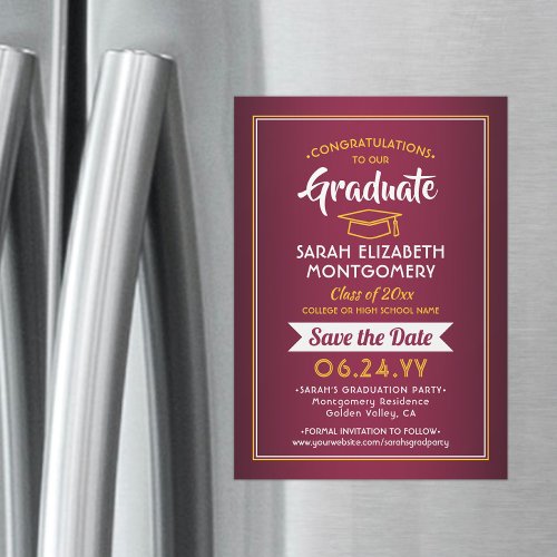 Graduation Save the Date Maroon Red  Gold Yellow Magnetic Invitation