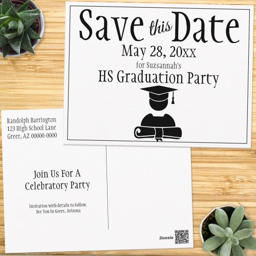 Graduation Save The Date Minimalist Black White Postcard