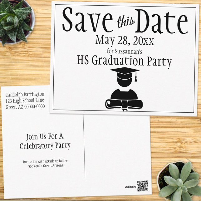 Graduation Save The Date Minimalist Black White Postcard (Creator Uploaded)