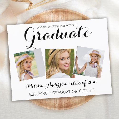 Graduation Save The Date Modern Graduate 3 Photo Invitation Postcard