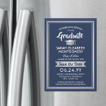 Graduation Save the Date Navy Blue and White Magnetic Invitation<br><div class="desc">Share the joyful news of your upcoming graduation party with these elegant navy blue, white and faux silver save the date magnetic invitations. All text is simple to customize. Magnetic back makes them easy for family and friends to display. Design features silver faux metallic foil, handwritten style script calligraphy, and...</div>