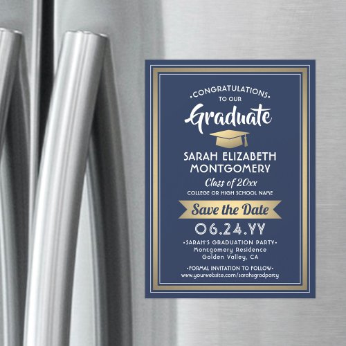 Graduation Save the Date Navy Blue White and Gold Magnetic Invitation