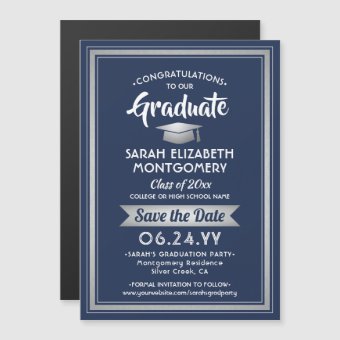 Graduation Save the Date Navy Blue White & Silver Magnetic Invitation ...