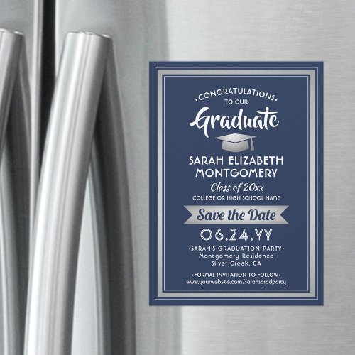 Graduation Save the Date Navy Blue White  Silver Magnetic Invitation